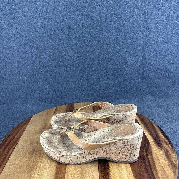 Tory Burch Brown Cork Wedge Heel Thong Sandals Logo Women's 6.5M - Picture 6 of 12
